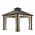 Gazebo da giardino 300 x 300 x 290 cm in metallo nero e tende beige - tetto ventilato