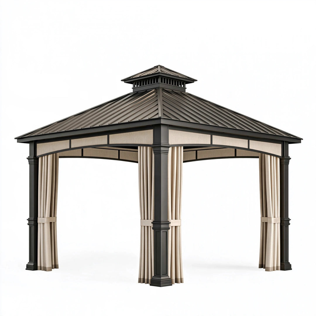 Gazebo da giardino 300 x 300 x 290 cm in metallo nero e tende beige - tetto ventilato