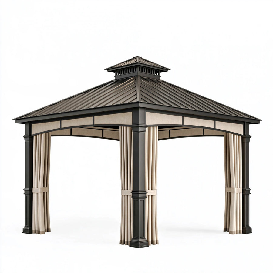 Gazebo da giardino 300 x 300 x 290 cm in metallo nero e tende beige - tetto ventilato