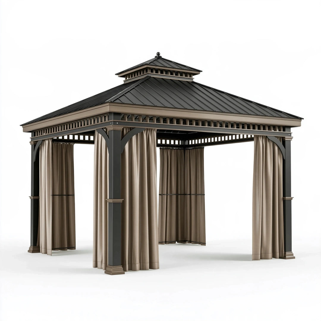 Gazebo da giardino 400 x 300 x 330 cm in metallo grigio antracite con tende beige - copertura a padiglione