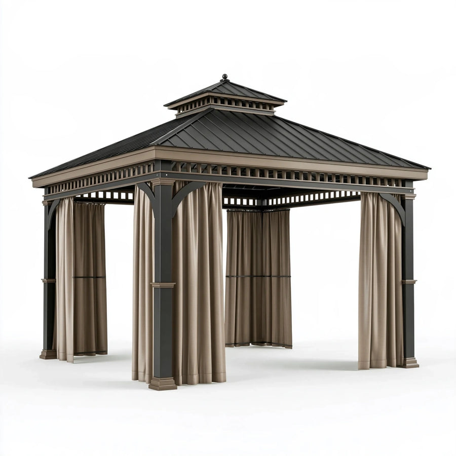 Gazebo da giardino 400 x 300 x 330 cm in metallo grigio antracite con tende beige - copertura a padiglione