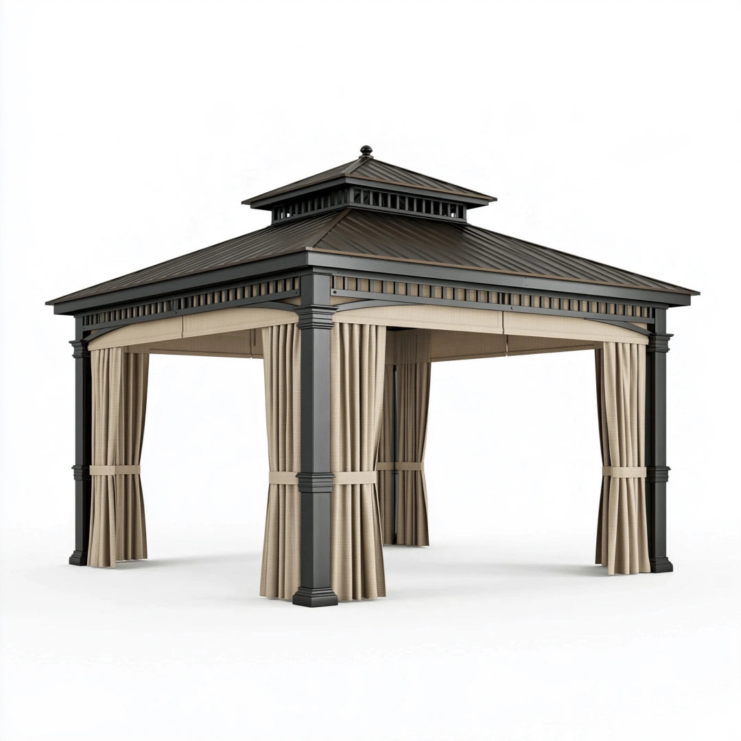 Gazebo da giardino 300 x 300 x 300 cm in metallo nero con tende beige - doppio tetto ventilato