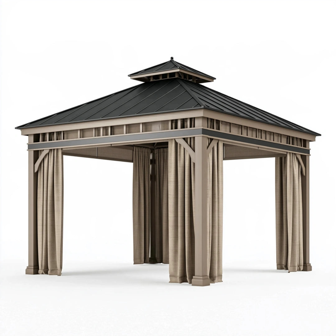 Gazebo da giardino 300 x 300 x 300 cm in metallo beige e nero con tende - copertura a padiglione