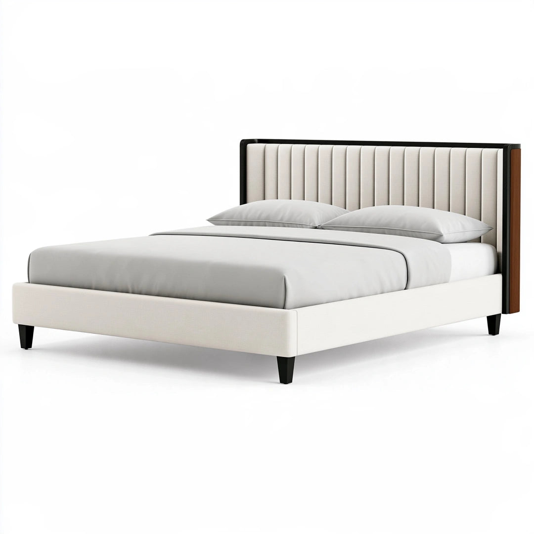 Letto matrimoniale 160 x 200 cm imbottito beige con testiera a pannelli stile moderno