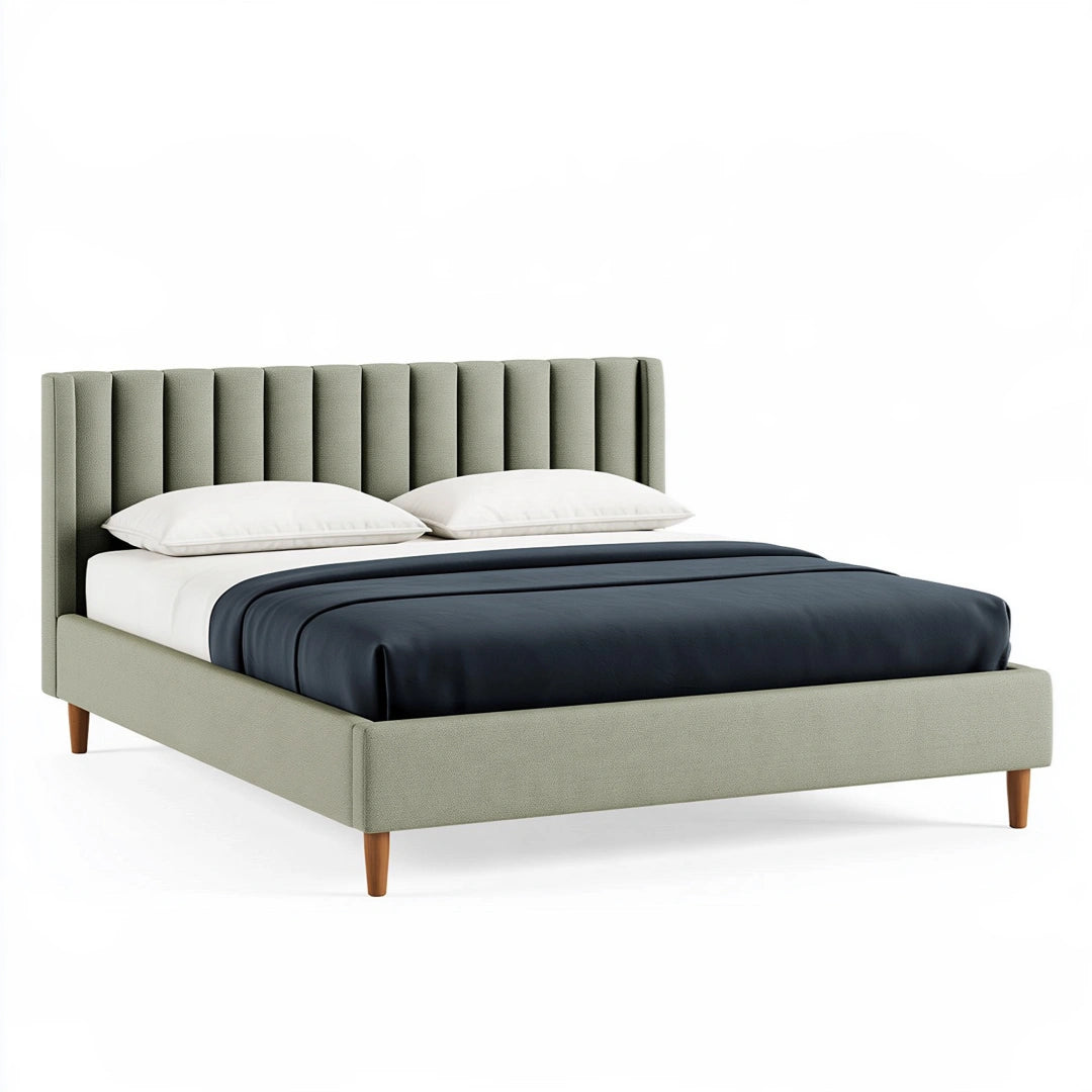 Letto matrimoniale 160 x 200 cm in tessuto verde salvia con testiera imbottita a pannelli