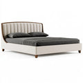 Letto matrimoniale 160 x 200 cm imbottito beige con testiera scanalata e piedi in legno