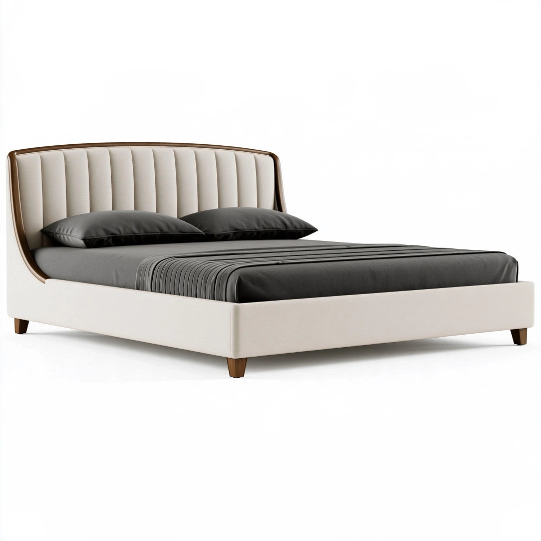 Letto matrimoniale 160 x 200 cm imbottito beige con testiera scanalata e piedi in legno