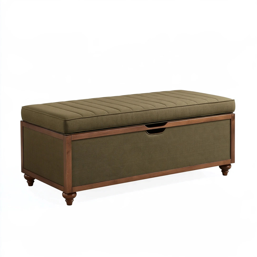 Panca contenitore 120 x 45 x 55 cm in tessuto verde oliva e legno - seduta imbottita classica