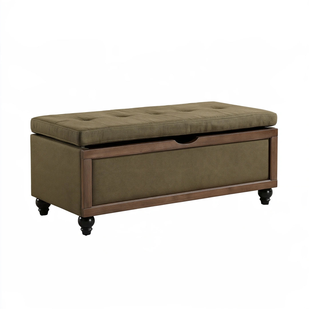 Panca contenitore 120 x 45 x 50 cm in tessuto verde oliva e legno marrone - seduta imbottita trapuntata