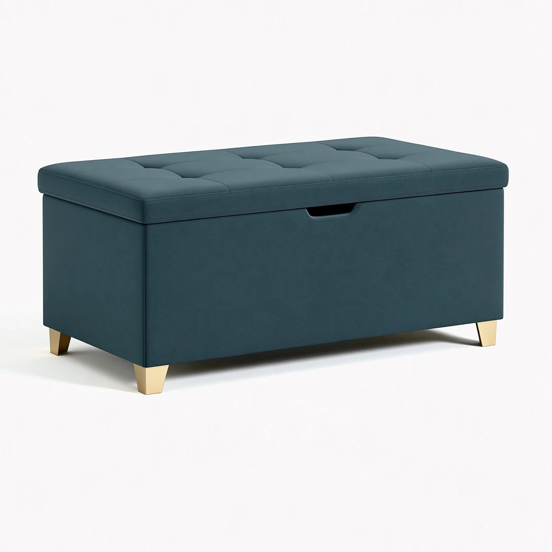 Panca contenitore 100 x 40 x 45 cm in tessuto blu petrolio con seduta imbottita stile moderno
