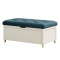 Panca contenitore 100 x 45 x 50 cm in legno bianco con seduta imbottita blu stile moderno