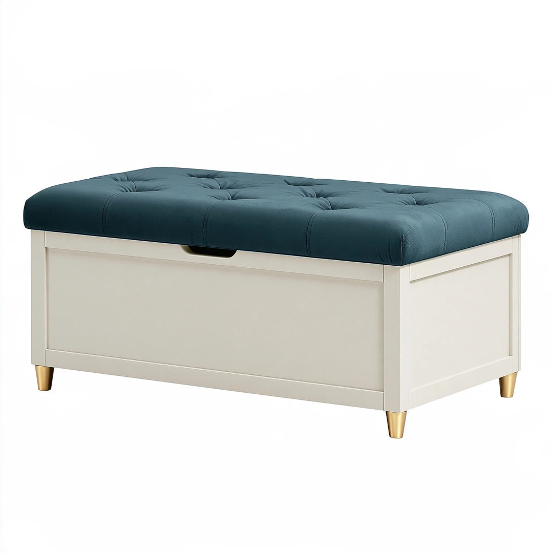 Panca contenitore 100 x 45 x 50 cm in legno bianco con seduta imbottita blu stile moderno