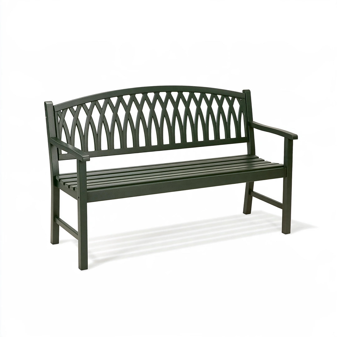 Panca da giardino 150 x 65 x 90 cm in metallo verde scuro con schienale decorativo
