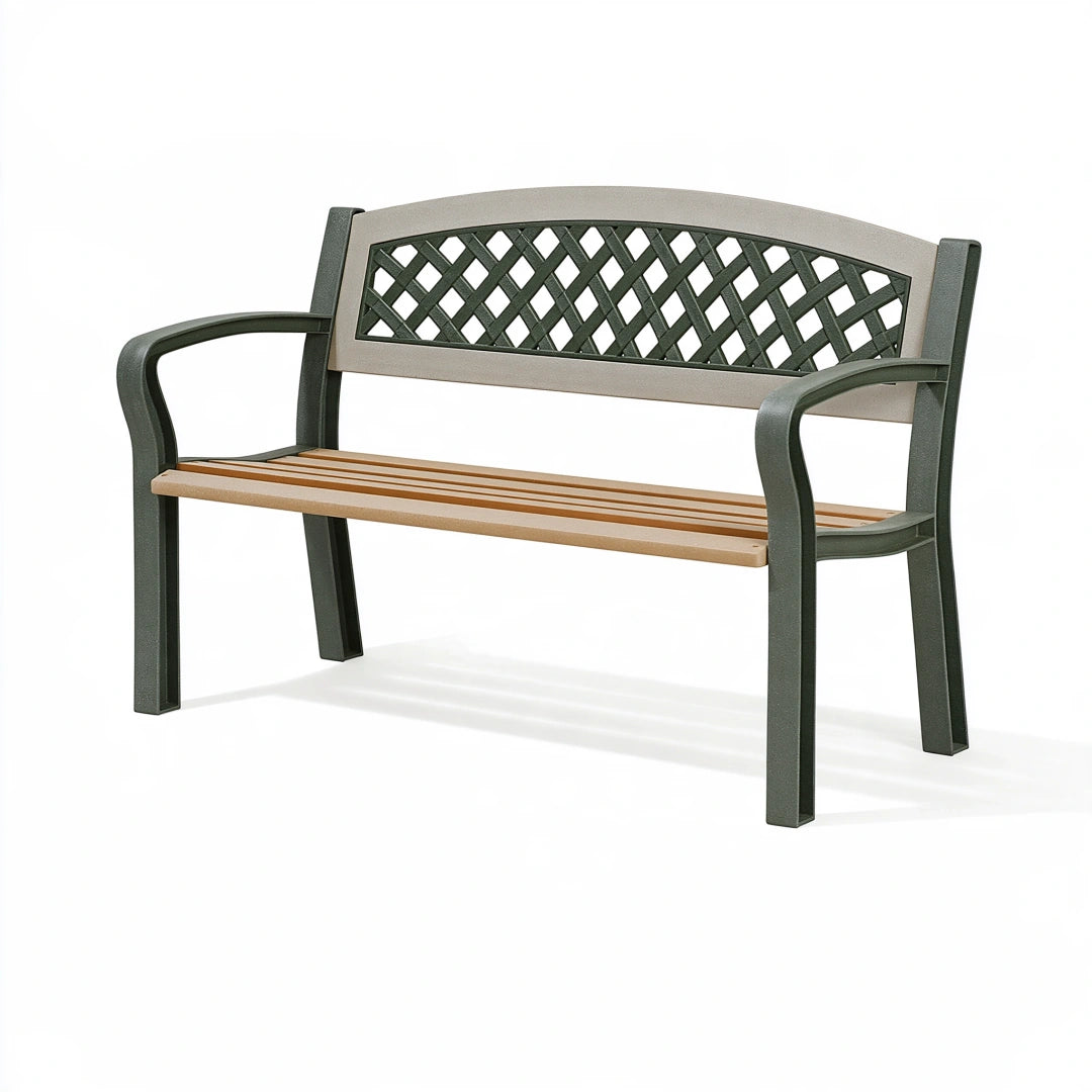 Panchina da giardino 120 cm in plastica verde e beige con braccioli