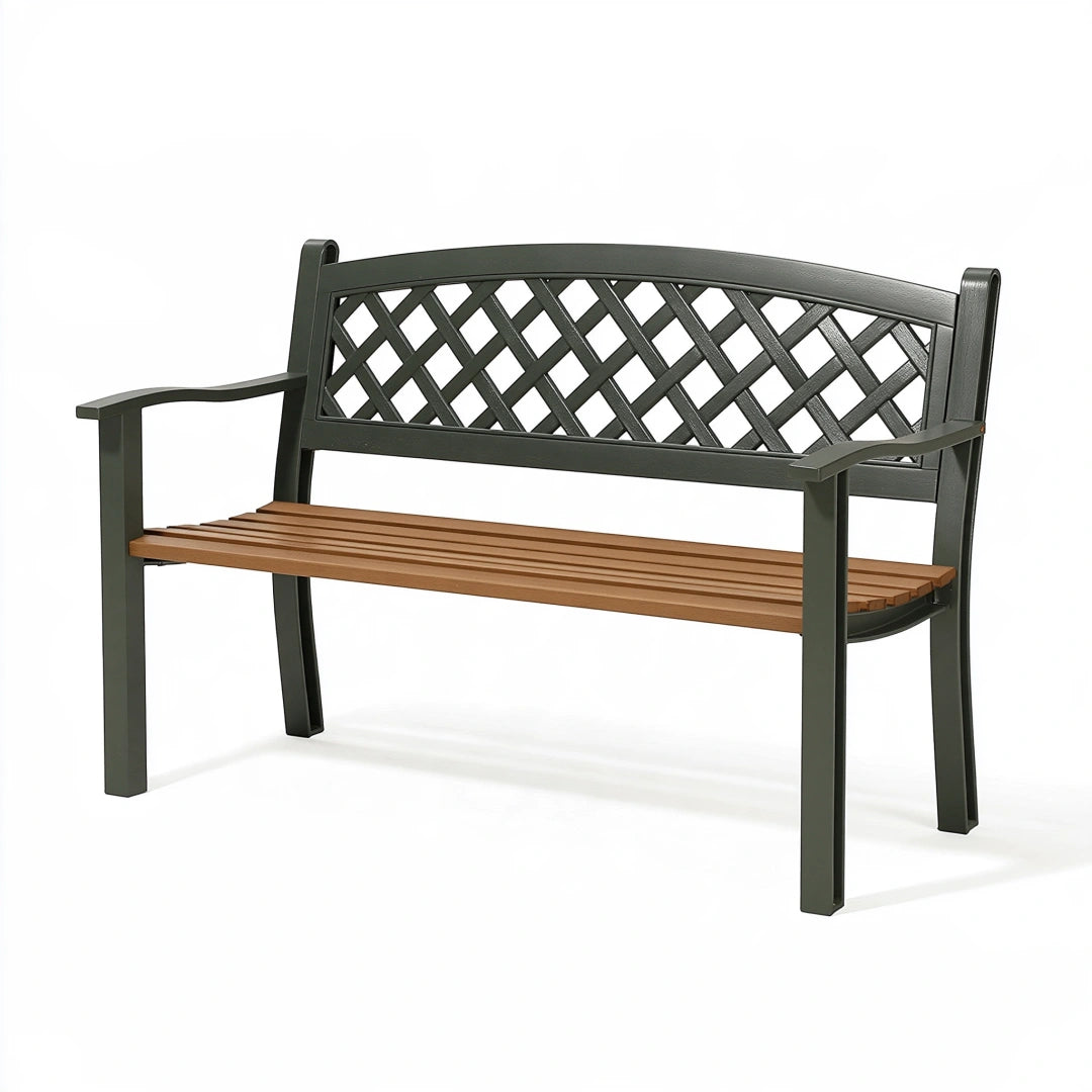 Panca da giardino 122 x 60 x 88 cm in metallo e legno verde/marrone con schienale a reticolo