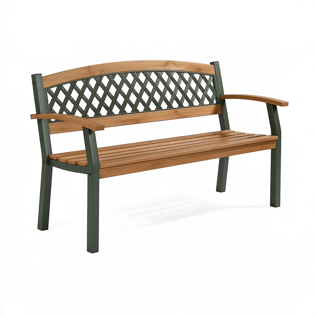 Panca da giardino 120 x 60 x 90 cm in legno e metallo marrone e verde con schienale intrecciato