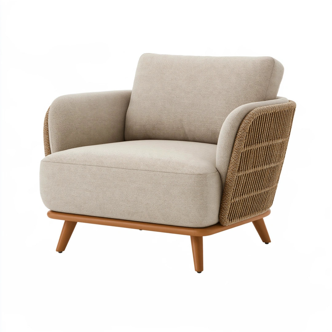 Poltrona 86 x 82 x 83 cm in tessuto beige e corda intrecciata con struttura in legno stile naturale